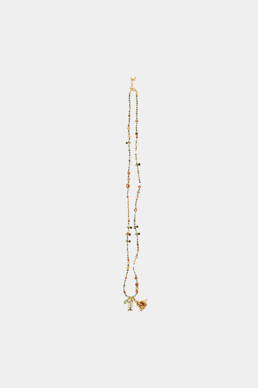 Dikochi - Beaded Necklace with a Gold-Tone Fish Skeleton Charm