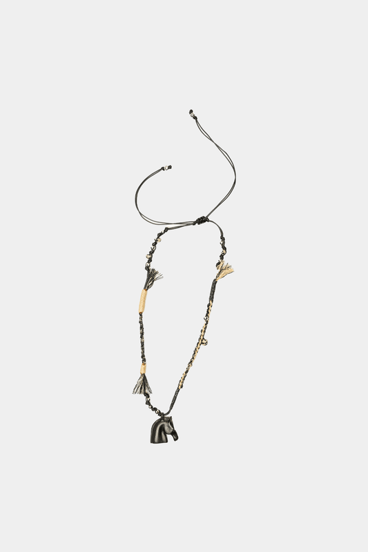 Dikochi - Braided Cord Necklace with Dark Horse Head Pendant
