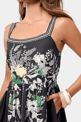 Lipsy - Black Floral Placement Print Square Neck Poplin Midi Dress With Pockets