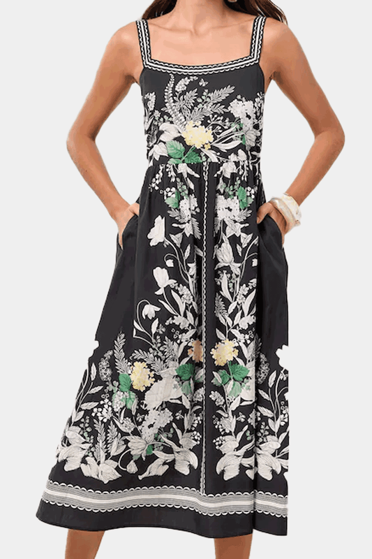 Lipsy - Black Floral Placement Print Square Neck Poplin Midi Dress With Pockets