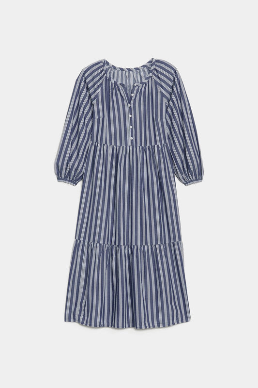 Old Navy - Blue White Striped All Day Midi Swing Long Sleeve