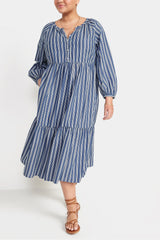 Old Navy - Blue White Striped All Day Midi Swing Long Sleeve