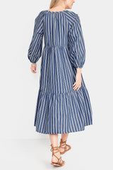 Old Navy - Blue White Striped All Day Midi Swing Long Sleeve