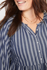 Old Navy - Blue White Striped All Day Midi Swing Long Sleeve