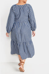 Old Navy - Blue White Striped All Day Midi Swing Long Sleeve