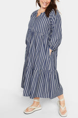 Old Navy - Blue White Striped All Day Midi Swing Long Sleeve