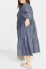 Old Navy - Blue White Striped All Day Midi Swing Long Sleeve