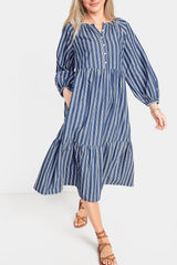 Old Navy - Blue White Striped All Day Midi Swing Long Sleeve