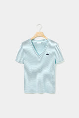 Lacoste - Women's V-Neck Striped Cotton T-Shirt