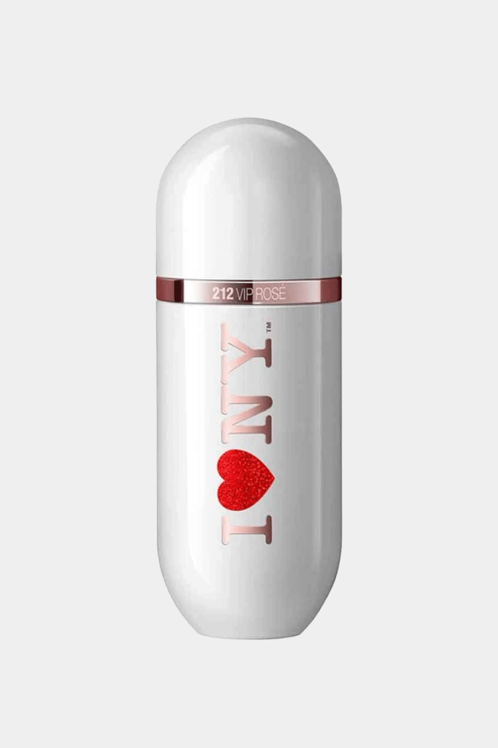 Carolina Herrera's 212 VIP Rose perfume features a white, rounded bottle with a rose gold band and "I ? NY" design filled with sparkly red glitter. The sleek, sophisticated design combines elegance with playful femininity, set against a simple white background.