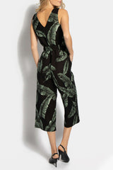 Tom Tailor - Sleeveless Printed Linen Jumpsuit Ecru Tropical Leaves Design