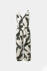 Tom Tailor - Sleeveless Printed Linen Jumpsuit Ecru Tropical Leaves Design