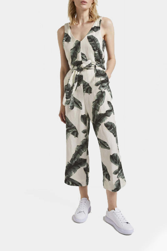 Tom Tailor - Sleeveless Printed Linen Jumpsuit Ecru Tropical Leaves Design