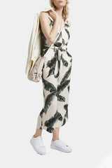 Tom Tailor - Sleeveless Printed Linen Jumpsuit Ecru Tropical Leaves Design