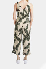 Tom Tailor - Sleeveless Printed Linen Jumpsuit Ecru Tropical Leaves Design