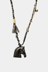 Dikochi - Braided Cord Necklace with Dark Horse Head Pendant