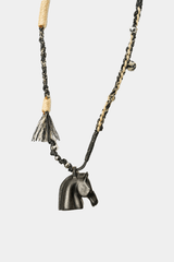 Dikochi - Braided Cord Necklace with Dark Horse Head Pendant