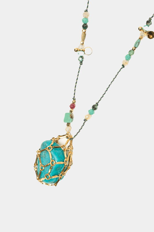 Dikochi - Gold Cage Turquoise Necklace