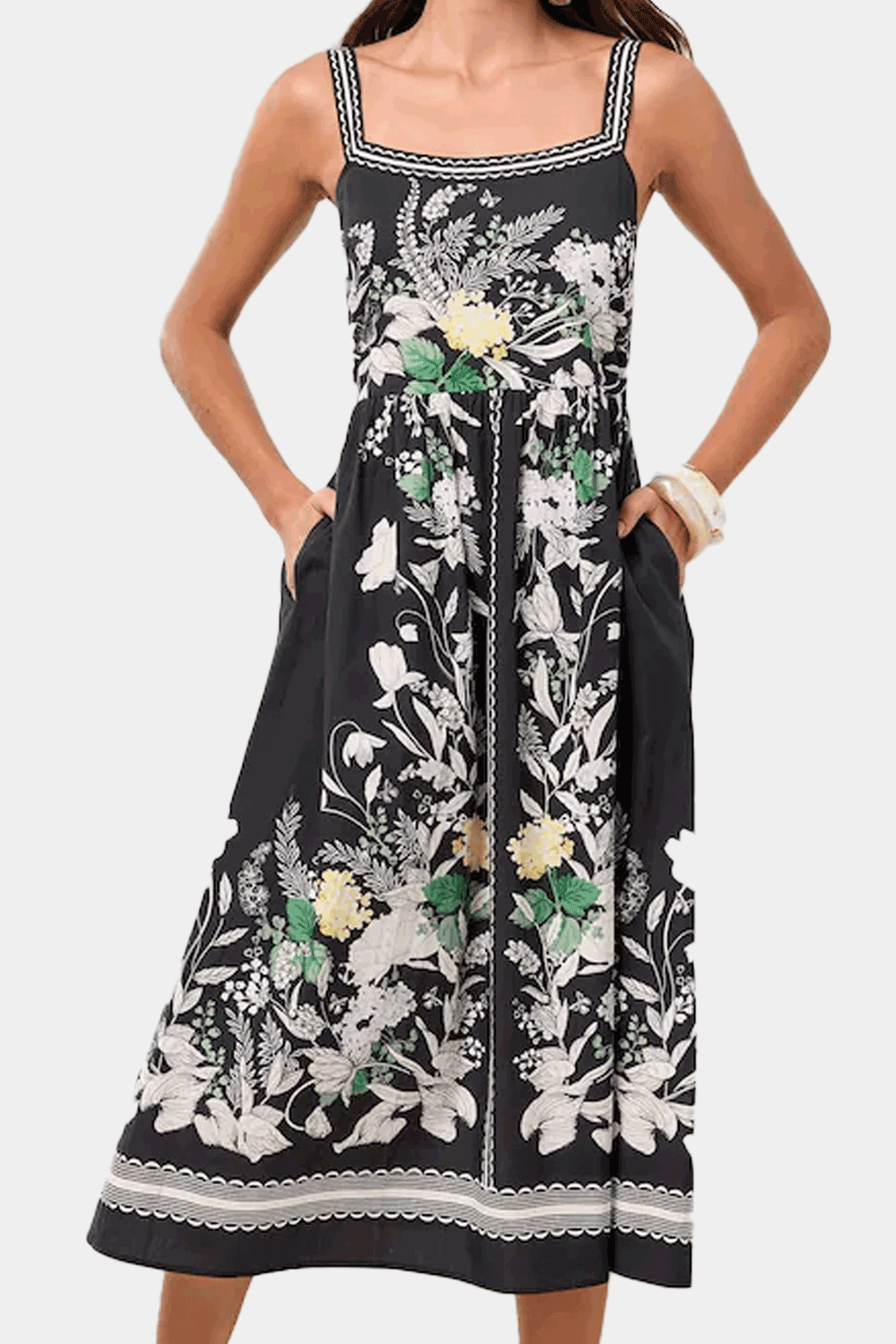 Lipsy - Black Floral Placement Print Square Neck Poplin Midi Dress With Pockets