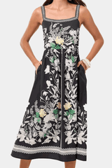Lipsy - Black Floral Placement Print Square Neck Poplin Midi Dress With Pockets