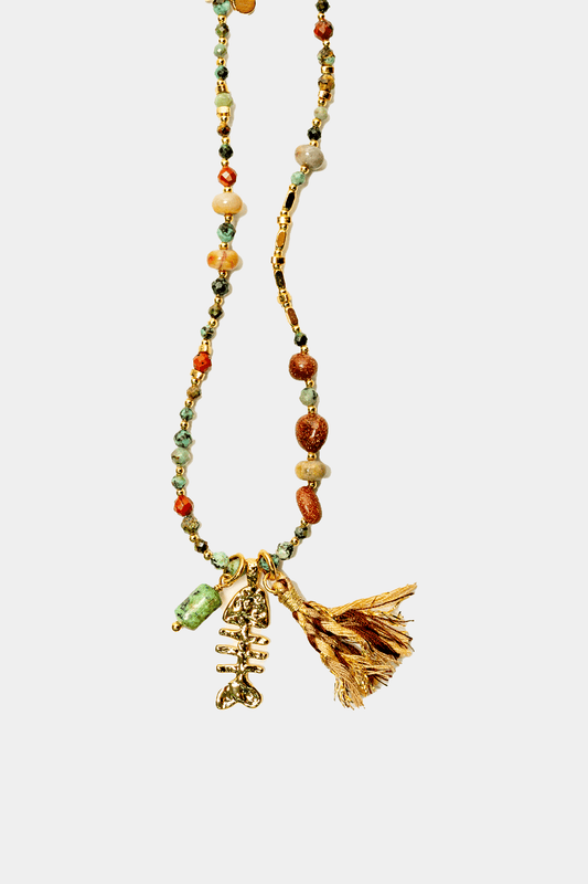 Dikochi - Beaded Necklace with a Gold-Tone Fish Skeleton Charm