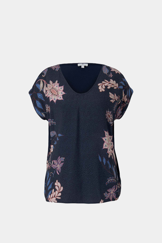 Tom Tailor - V-Neck T-Shirt With Pattern in a Material Mix